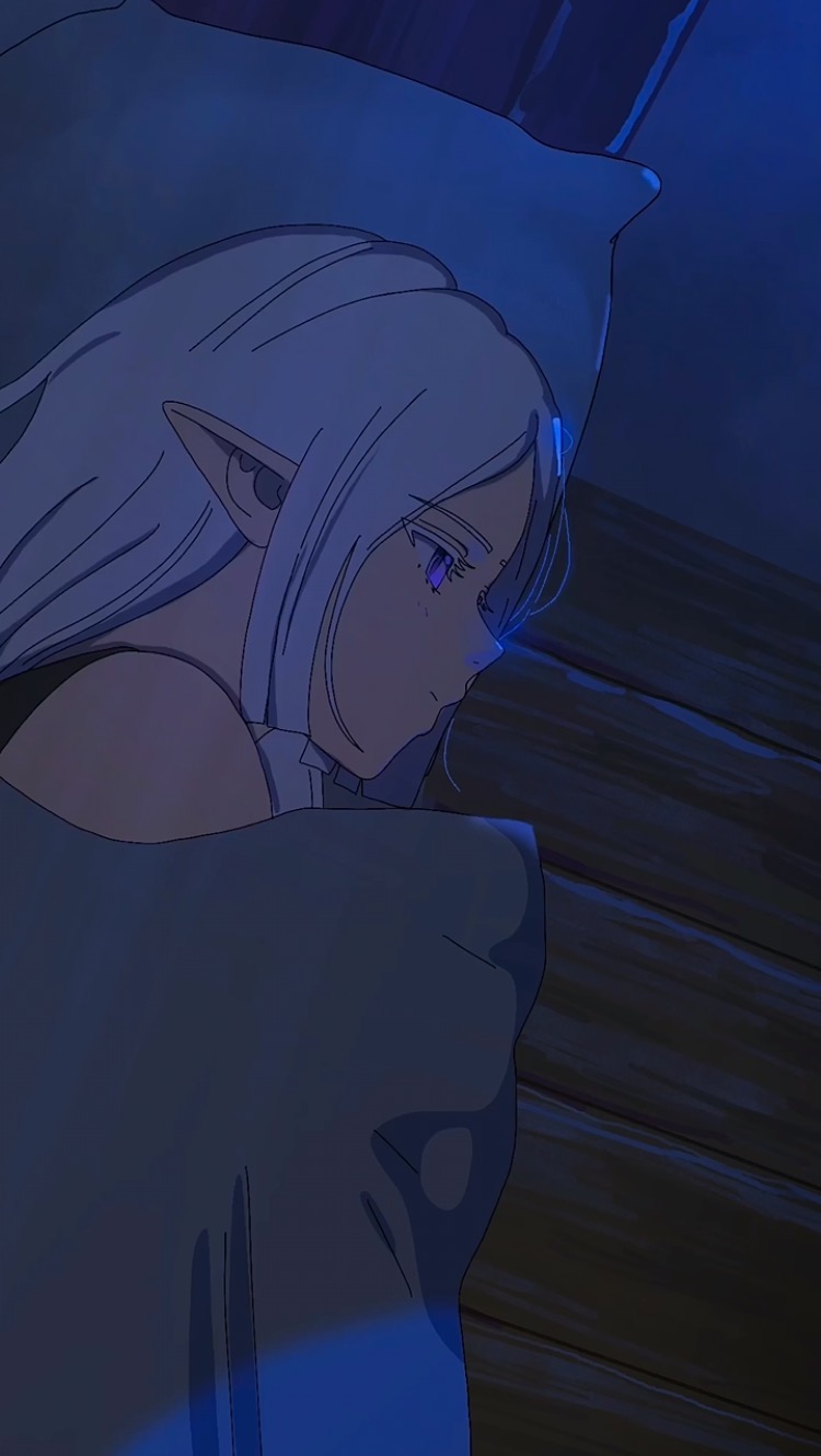 the image is a digital drawing or illustration of an animestyle girl. she appears to be an elf, with pointed ears visible.  she has long, white hair and purple eyes. she looks sad and is lying in bed under a blanket, seemingly asleep or resting. the setting is dark and moody, with a wooden wall visible in the background. the overall color palette is cooltoned, with blues and purples dominating. the style is reminiscent of anime or manga illustrations.