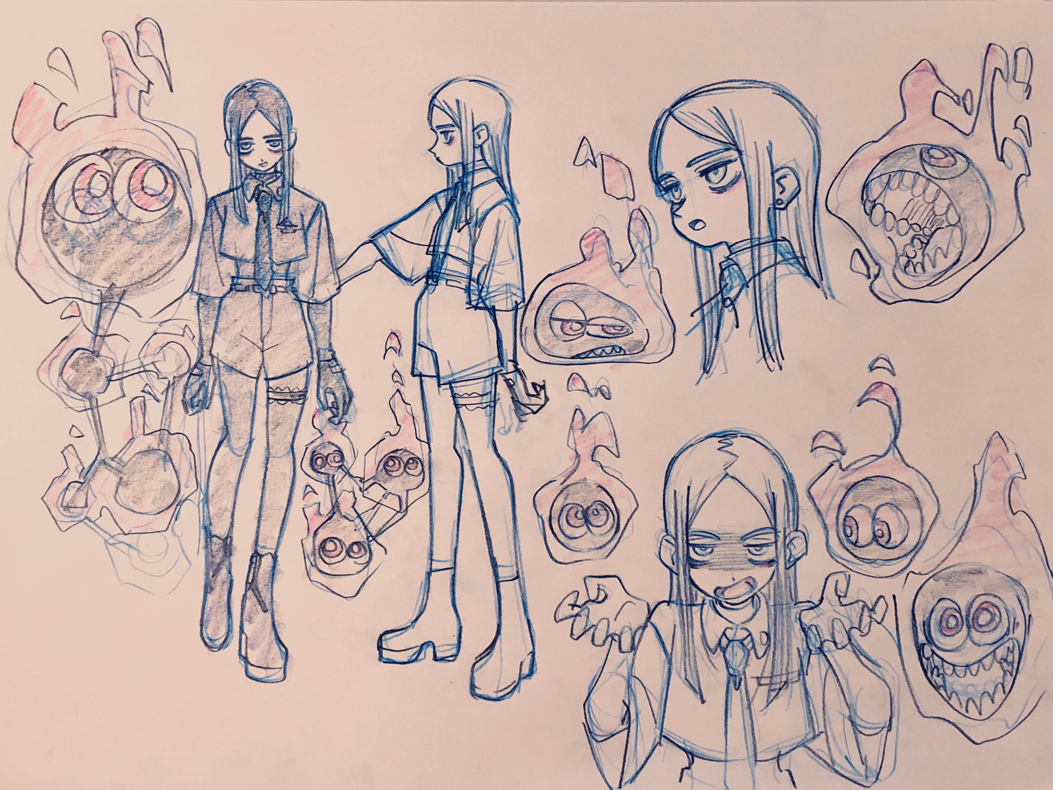 the image is a character design sheet featuring three different drawings of the same young woman with supernatural fire spirit companions. she has long dark hair and wears a stylish gothic/emo outfit consisting of a white shirt, black shorts or pants, a black jacket, and platform boots. the fire spirits are drawn in a cartoonish style, with some having cute and others having menacing expressions. there are also smaller, simpler drawings of the spirits surrounding the main character, suggesting movement and a playful yet potentially dangerous nature.