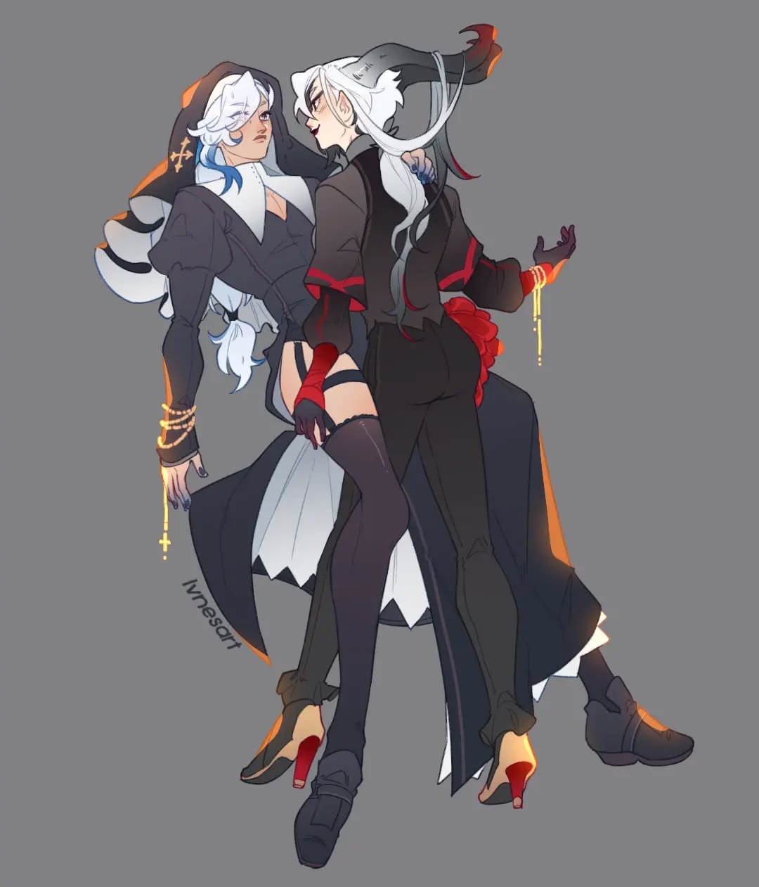 the image is a digital illustration in an anime style, depicting two female figures in a close and suggestive embrace. one is dressed as a nun with a black and white habit, adorned with a cross necklace and gold chains. she has white hair with blue undertones. the other figure is in dark clothing with red accents,  high heels, and what seem to be horns.  her hair is long and dark grey or white. they are positioned intimately, their gazes locked in an intense stare, creating a dramatic and sensual atmosphere. the art style leans toward dark fantasy or gothic aesthetics with the use of dark colors and dramatic lighting.  the background is a simple, neutral grey. the artist's signature "lvnesart" is subtly placed on the illustration.