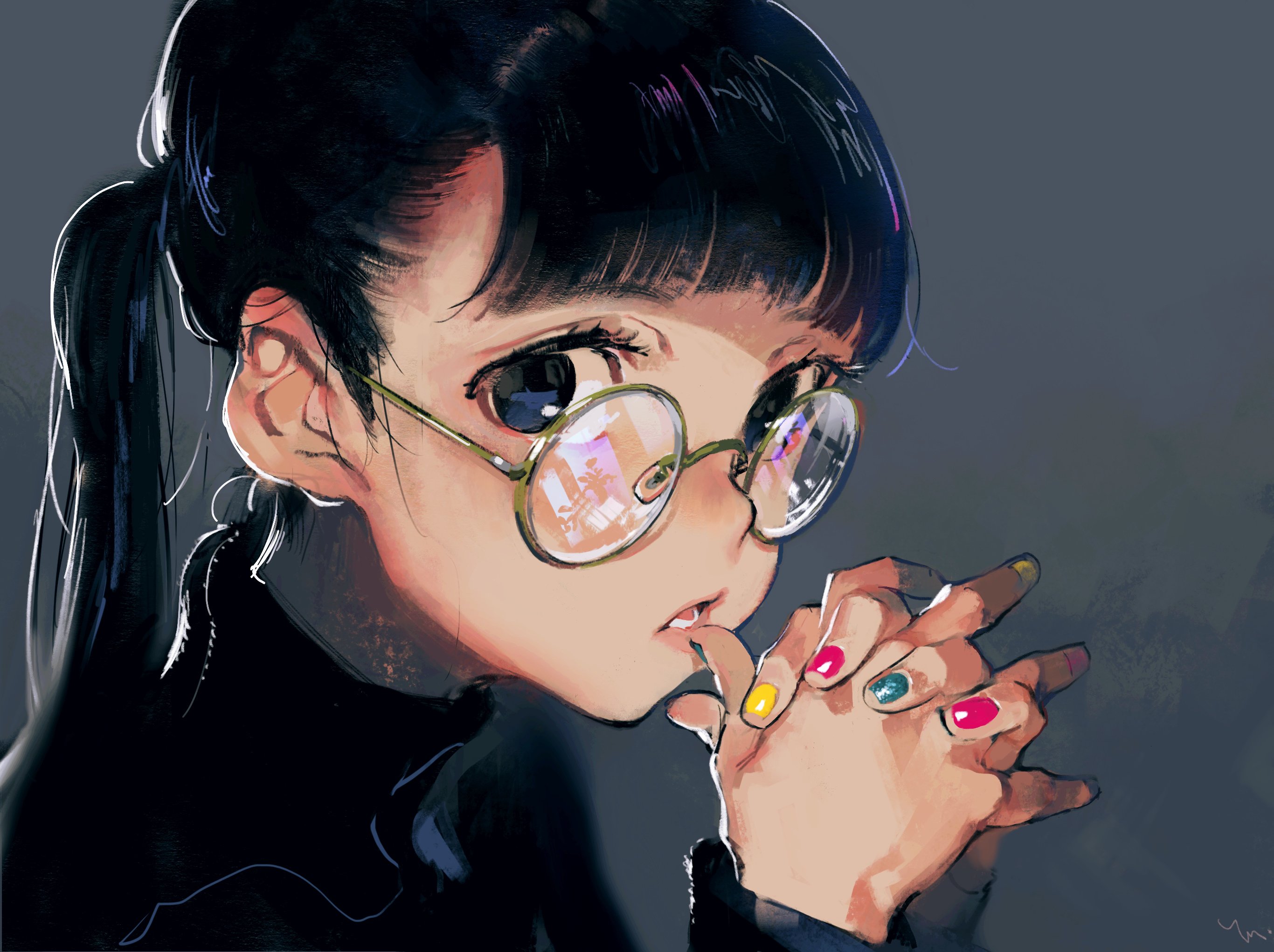 the image showcases a closeup portrait of a young woman with short black hair styled in a side ponytail. she wears large, round glasses and a simple black turtleneck. the woman's gaze is directed slightly downwards, and she has her hands clasped in front of her mouth, seemingly lost in thought. her fingernails are painted with a vibrant mix of yellow, green, and pink polish, adding a pop of color to the otherwise muted color palette. the art style appears to be digital painting, characterized by visible brushstrokes and a soft, painterly effect.