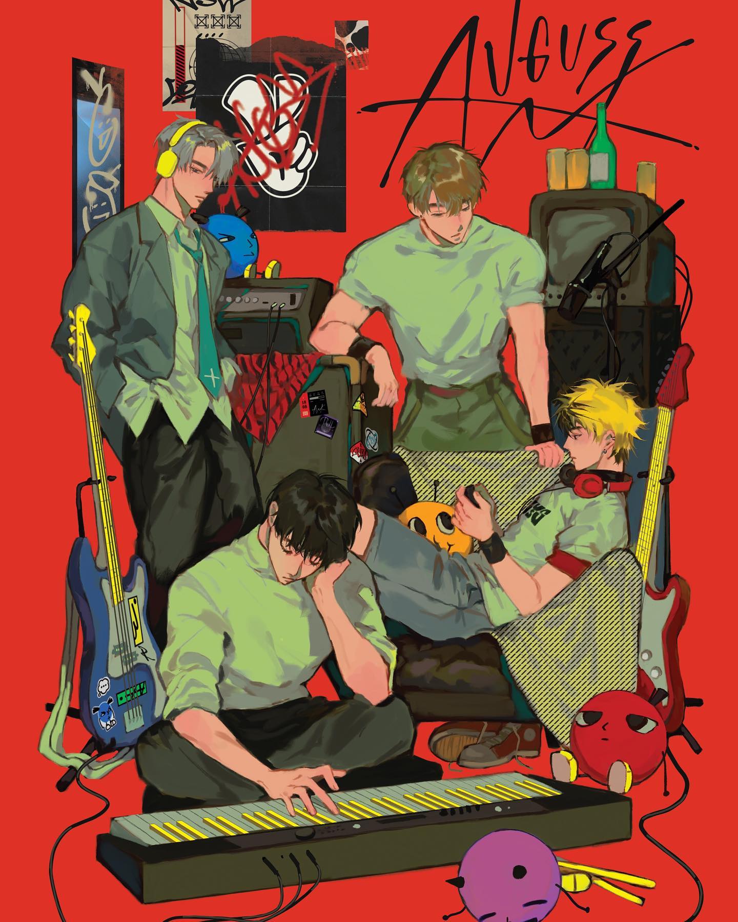 the illustration depicts a band of four young men in a vibrant, cluttered room with a retro aesthetic.  the room's backdrop is a bold red, and it's filled with musical instruments— a bass guitar, an electric guitar, a keyboard, and an amplifier. vintage electronics and cassette tapes are scattered around, adding to the retro vibe.  the young men are portrayed in a relaxed, casual manner; one is playing the keyboard, another is resting on a chair while holding a guitar pick, and others are standing nearby.  the overall style leans towards anime or cartoon, with bold colors and somewhat exaggerated features.  the word "august" is prominently displayed in a stylized font across the upperright, suggesting it may be album art or promotional material. the scene is dynamic and energetic, conveying a strong sense of youth and musical passion.