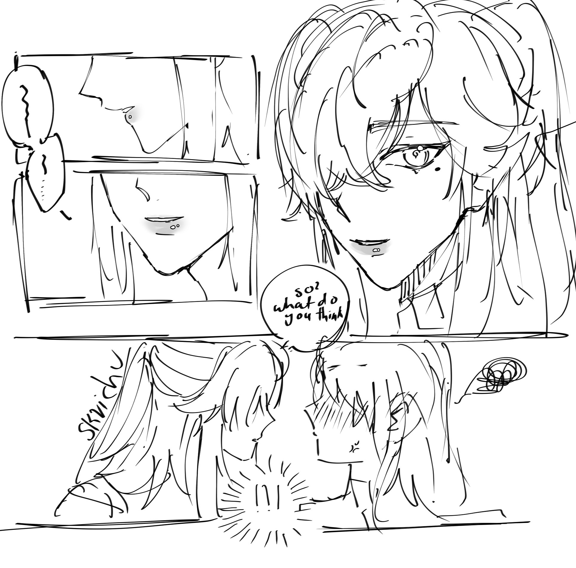 this is a black and white manga comic panel drawing.  the panel is divided into three parts.  the top part features two female characters in the mirror, one with a shocked expression and the other with a sweet smile. the bottom section has two female characters, one in front of the other, the one in front has a look of amusement and the character behind has a surprised and blushing expression. the panel also contains dialogue and thought bubbles between the characters.