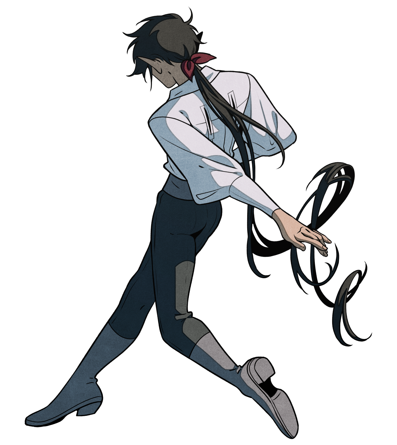 a young man with long, flowing black hair is captured middance move against a stark white backdrop. he is dressed in attire reminiscent of a musketeer or historical fencing garb, suggesting agility and grace. the art style leans towards a stylized realism often seen in graphic novels or concept art. the perspective positions the viewer slightly below the subject, emphasizing the dynamism of the pose.