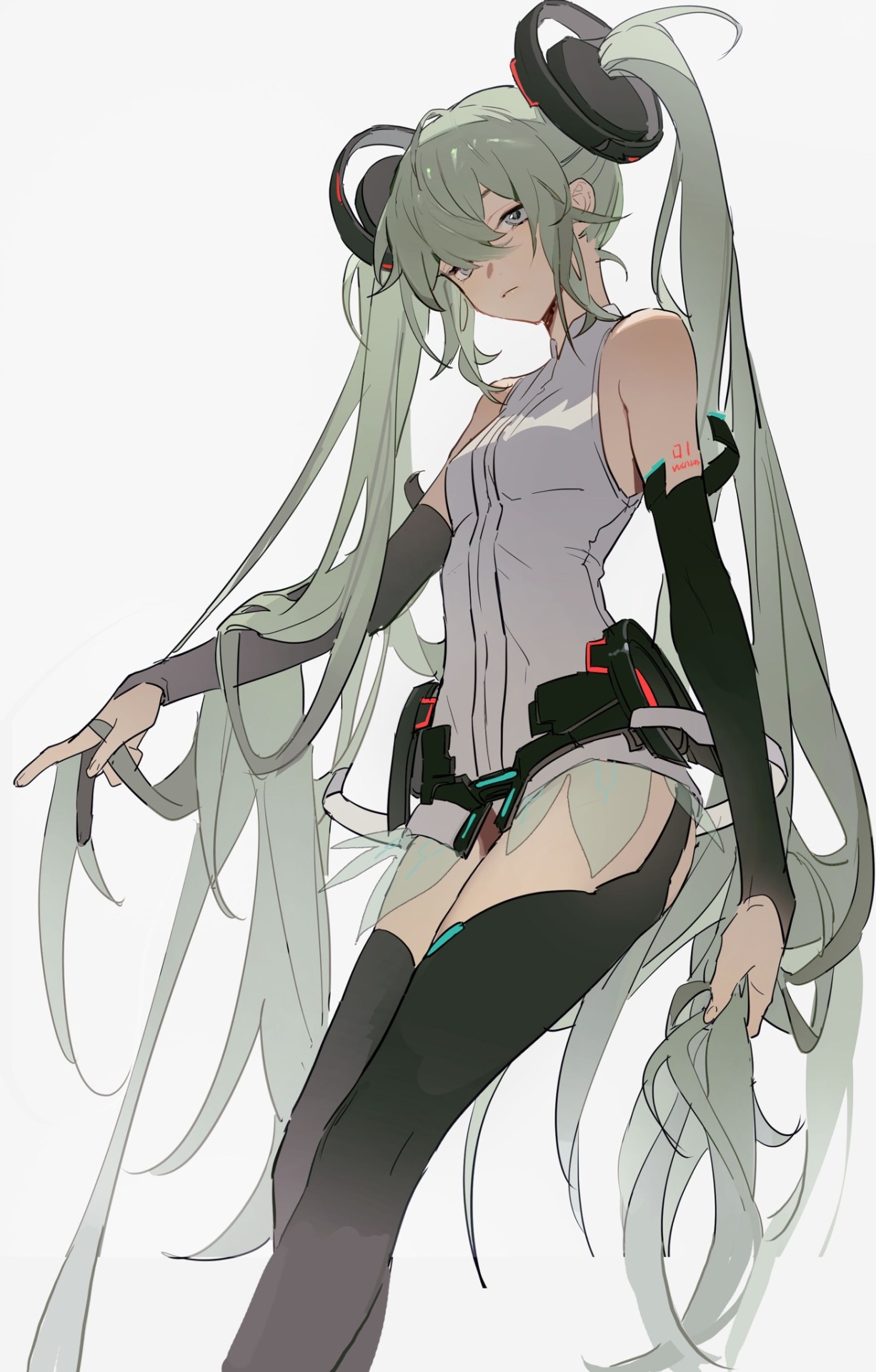 an animestyle drawing of a girl with long, greyishgreen pigtails and headphones. she is wearing a white, futuristic outfit with black stockings and gloves. she is pointing her finger and has a serious expression. the background is a plain white.