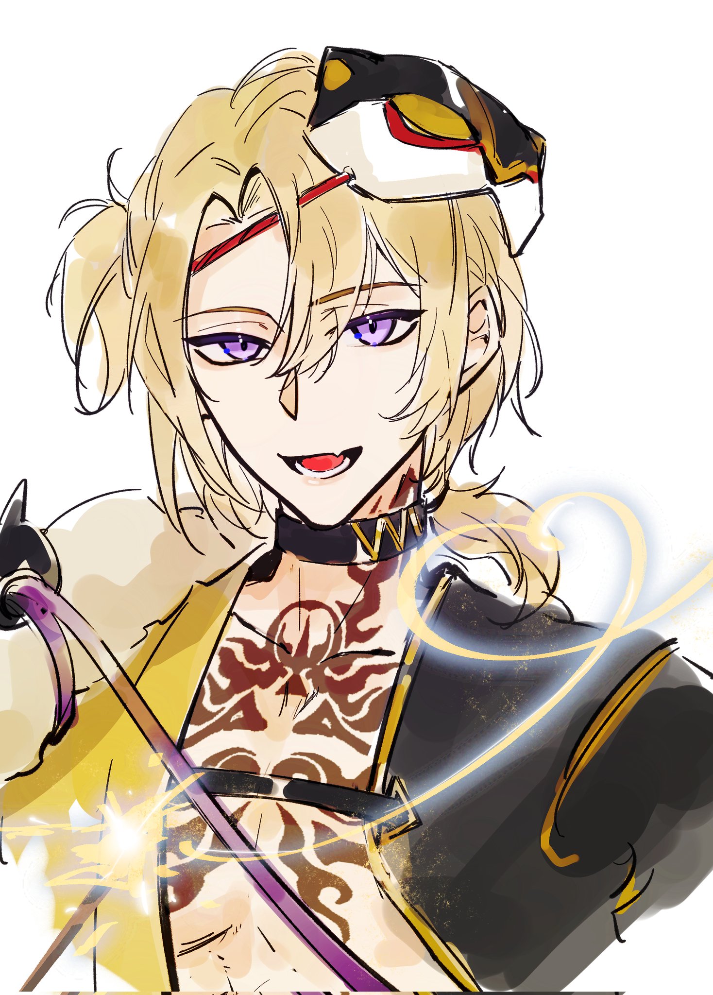 this is a digital illustration of an anime character with blond hair and purple eyes. he is smiling and has a mask on his head. he is wearing a yellow and black outfit with a gold trim. there are gold swirls and sparkles around him, which seem to be magic. the character is tattooed and has a powerful aura. the background is white.