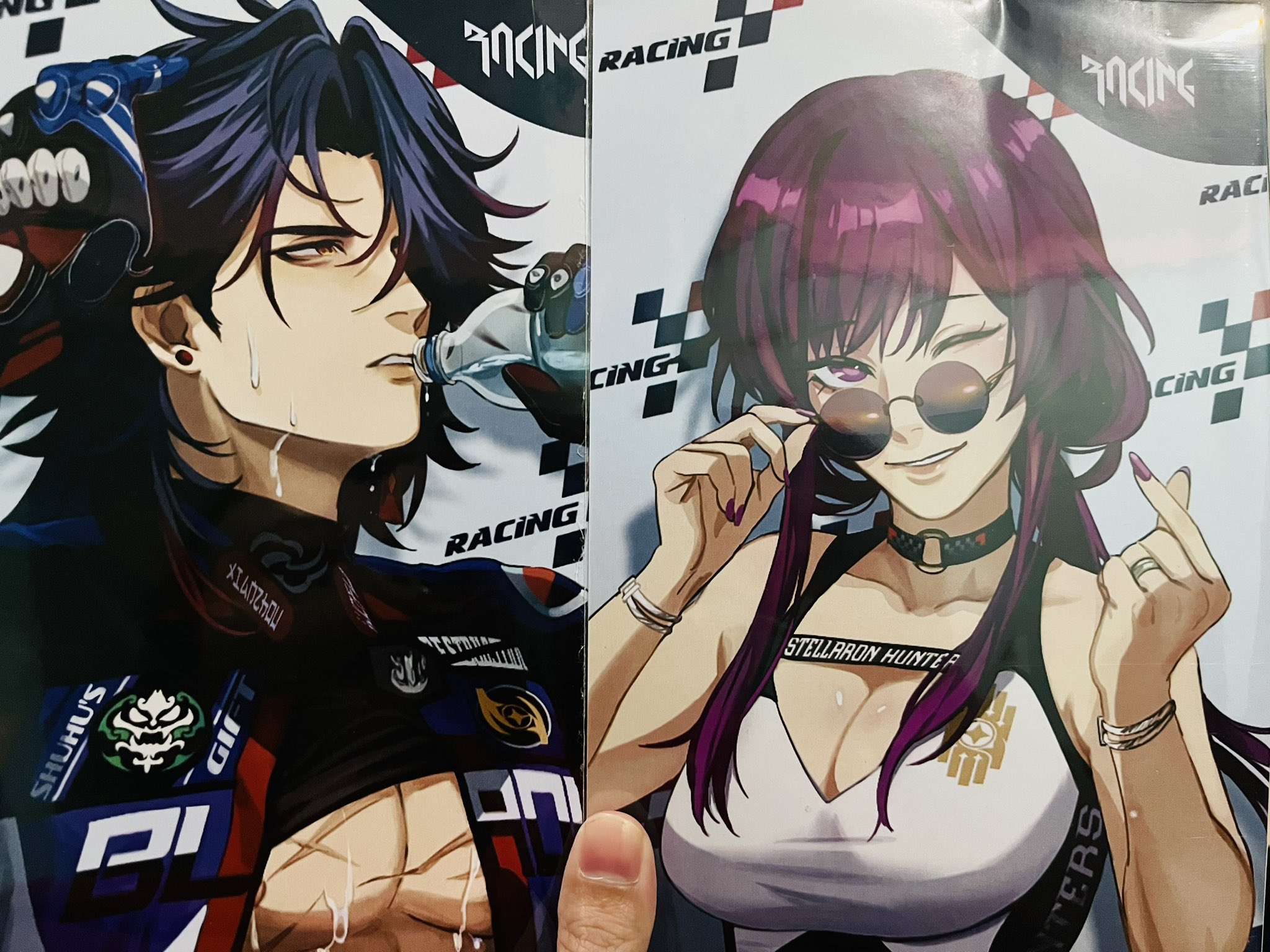 this image shows two anime characters, one male and one female, both dressed in racing attire. the male character is muscular and sweating, drinking water and wearing a racing suit. the female character is wearing a white tank top and sunglasses and is holding her sunglasses and posing. both characters are against a checkered flag background with the word "racing" written on it.