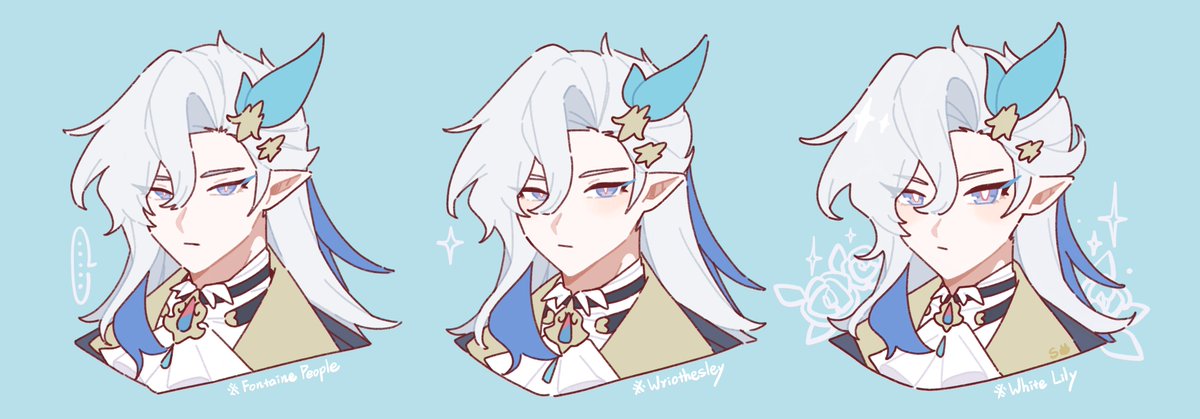 the image showcases three variations of a stylized fanart depiction of wriothesley, a character from genshin impact.  each panel features a slightly different expression and subtle variations in the character's hair and pose.  the art style is clean, with soft pastel colors predominating. the backgrounds are minimalist, allowing the character to take center stage. each panel includes a small signature or watermark indicating the artist. the overall aesthetic suggests it could be used as matching profile pictures or icons.