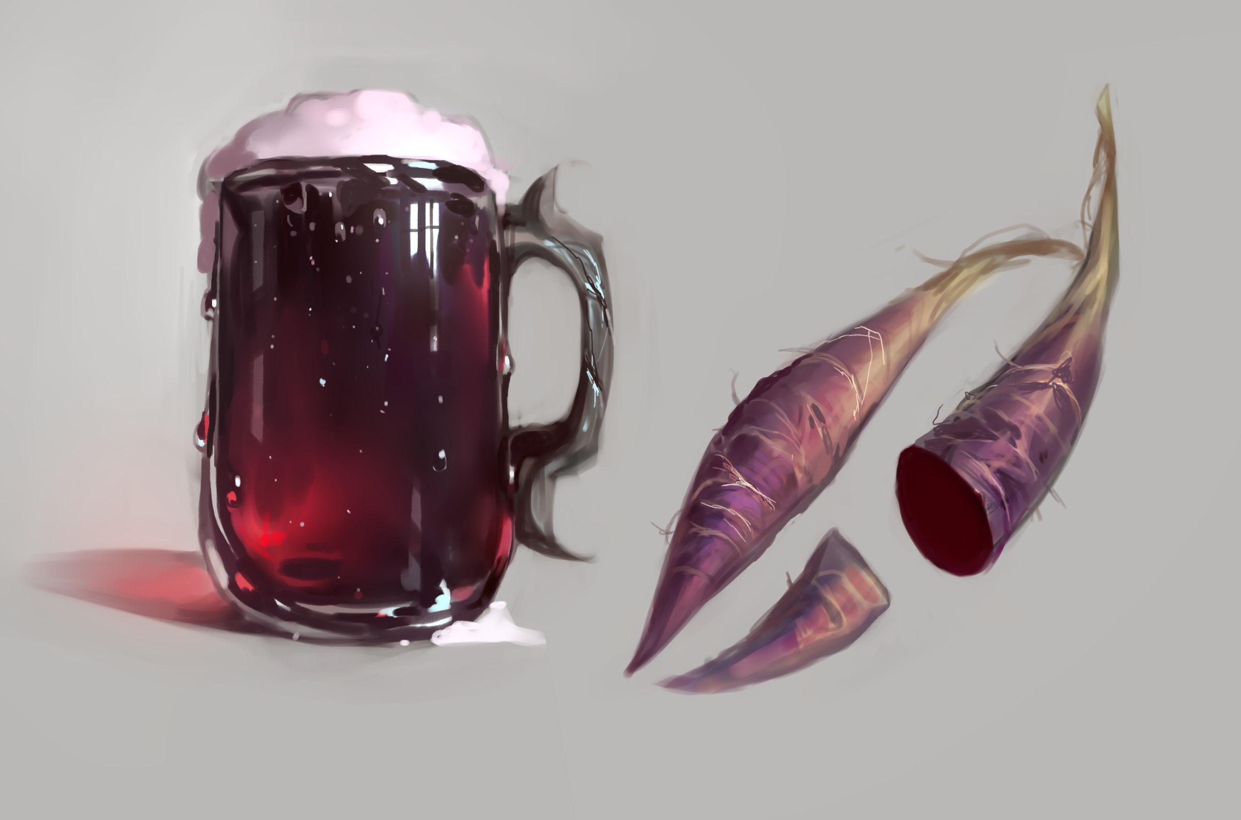 a pint of dark beer with a frothy head sits next to two pieces of a sliced dark purple root vegetable.