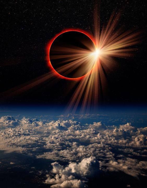 this image captures the aweinspiring beauty of a total solar eclipse. the dark silhouette of the moon perfectly covers the sun, creating a ring of light around its edges.  the sun's corona, the outermost layer of its atmosphere, is visible as a radiant halo.  the rays of light streaming out from the eclipsed sun illuminate the clouds below, casting a dramatic and ethereal glow across the landscape. the scene is a testament to the power and wonder of the universe.