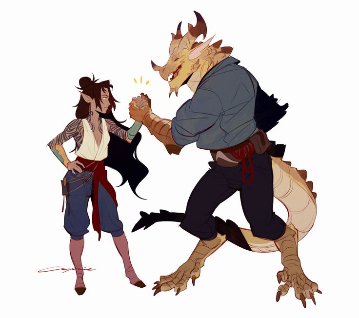 a colorful illustration of a dragon and a human high fiving. the dragon has a light blue shirt with a red belt, black pants, and yellow scales on its body and tail. the human has blue pants with red sashes, a white tank top with a red scarf, and tattoos on their arms and back. the dragon is on the right of the frame and the human is on the left. they both smile and look at each other.