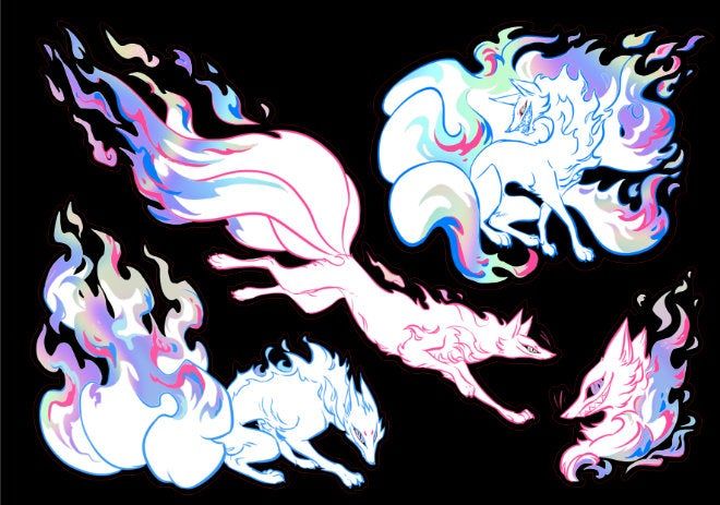 the image contains five stylized illustrations of foxes, possibly kitsune, with a mystical or fantasy theme. they are outlined in white with pastel shades of blue and pink highlighting their forms and the flames that surround them. one fox has multiple tails, suggesting it's a highlevel kitsune, and each fox has a unique pose, from leaping to crouching, with expressions ranging from serene to menacing. the background is black, making the white and colorful flames stand out.