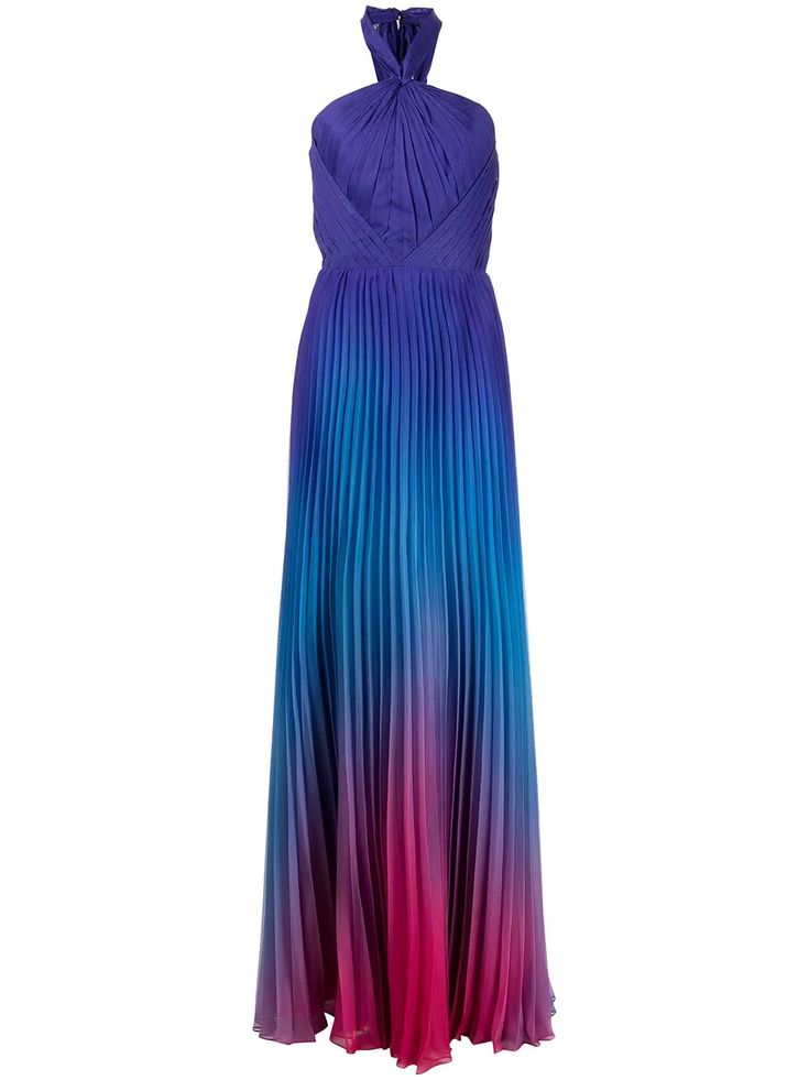 a long, sleeveless dress is displayed on a white background. the dress is a halterneck style, with a neck tie. the color of the dress transitions from a deep purple at the top to a pink gradient at the bottom. the skirt is pleated, and the overall style is formal wear.