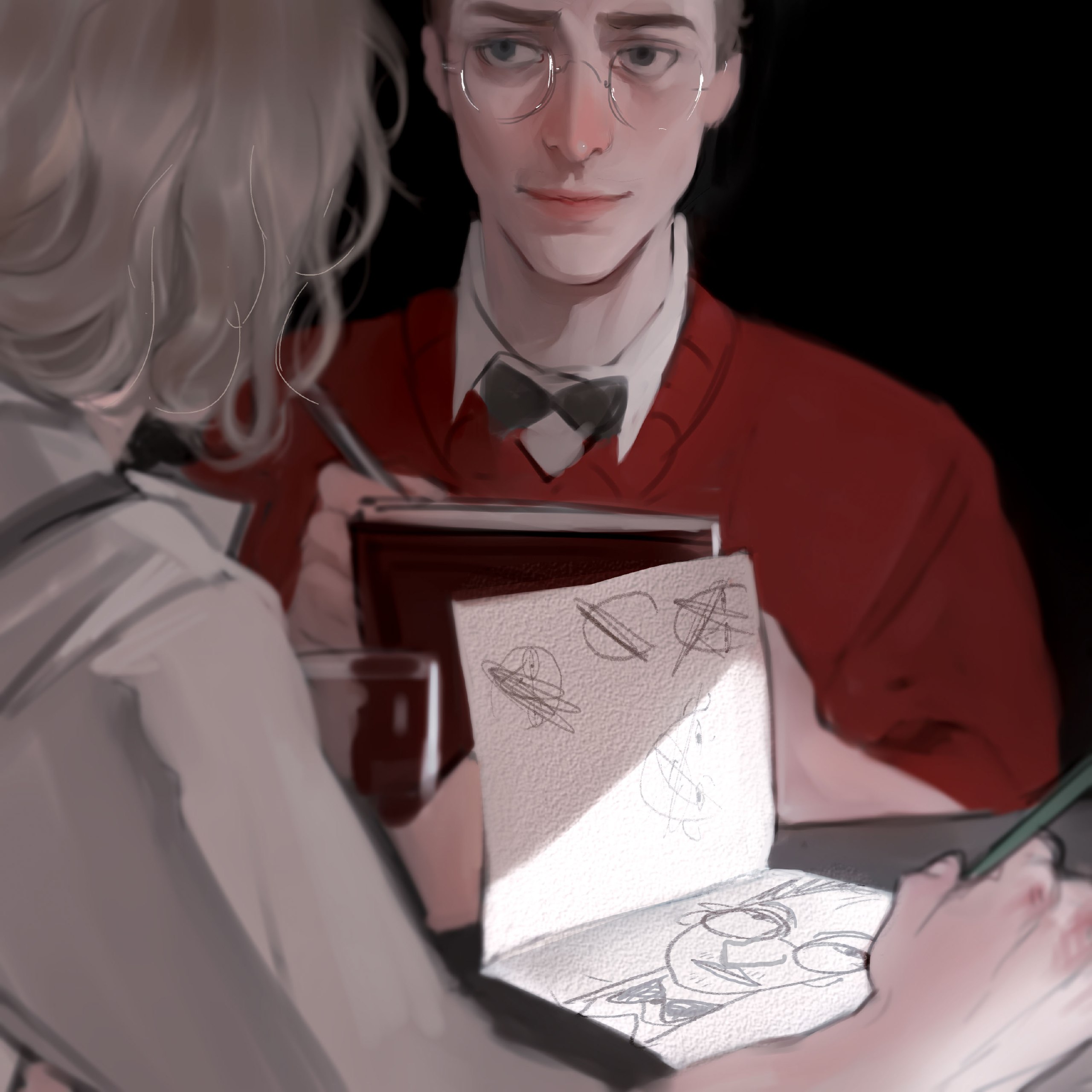 a softly rendered illustration of a couple on a date at a cafe. the man sits across from his date,  smiling as he sketches in a small book held open by his partner.  the light source appears to be coming from within the book,  illuminating their faces and hands as they draw caricatures of each other. the overall composition gives off a warm and romantic atmosphere.