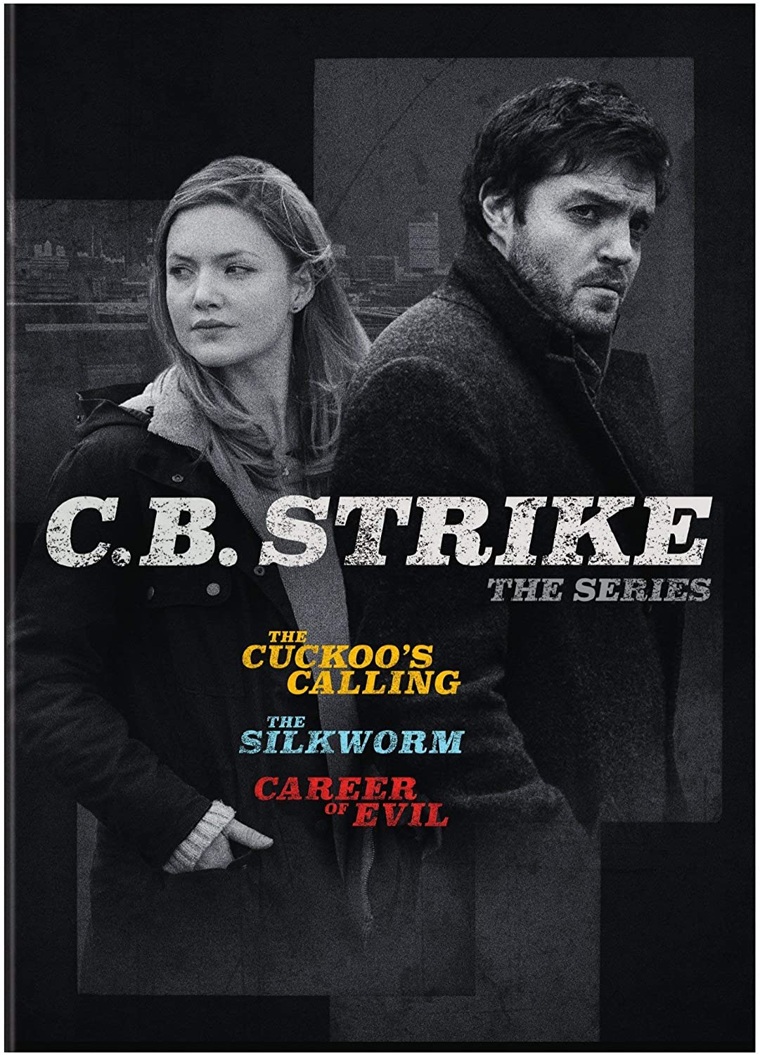 this is a promotional poster for the british television series "c.b. strike: the series," featuring the main actors tom burke (as cormoran strike) and holliday grainger (as robin ellacott). the poster is designed in a black and white style with splashes of color for the titles of the individual episodes adapted in the series (the cuckoo's calling, the silkworm, and career of evil).  the overall aesthetic suggests the mystery and suspenseful nature of the show.