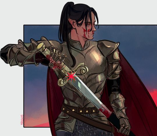 the image is a digital painting depicting a female elf warrior. she's clad in detailed, metallic armor, with a long dark ponytail and pointed ears.  she holds a sword, stained with blood, and has visible bloodstains on her face, suggesting recent combat. she wears a dark red cape, and the background showcases a dramatic sunset. the overall style is dark fantasy with a focus on detailed character design and atmospheric lighting. the expression on her face is serious and intense.