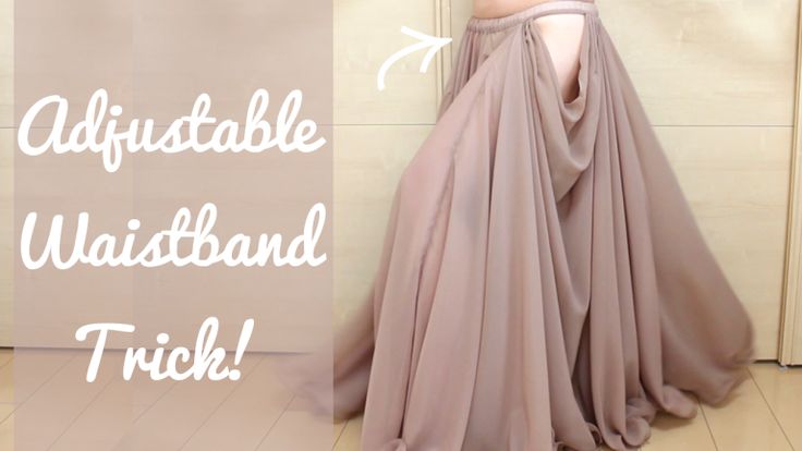 the image shows a long, flowing skirt with an adjustable waistband. the skirt is a light, neutral color and appears to be made of a soft, flowing fabric. the waistband is visible and looks to be adjustable, allowing for a customizable fit. there is text to the left that says "adjustable waistband trick!".