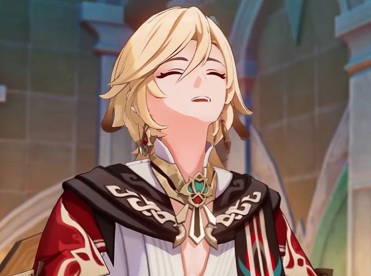 the image is a closeup shot of albedo, a male character from the video game genshin impact. he has blond hair, closed eyes, and is smiling serenely.  he's wearing an elegant, ornate outfit with shades of red and gold, detailed with intricate designs. the background is blurred, suggesting an indoor setting that looks like a grand hall or church. the overall style is consistent with anime and manga art.