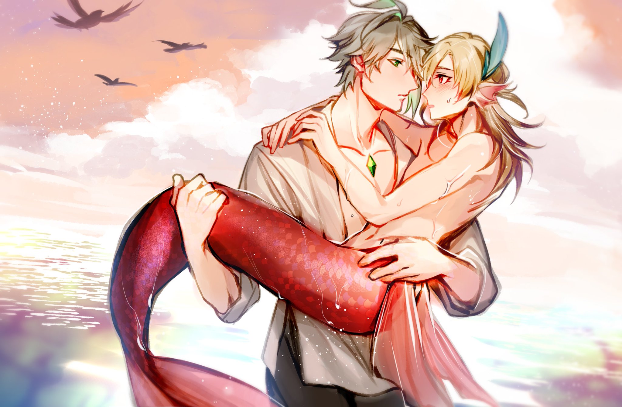 this image features a romantic scene between two anime characters. one is a human male with silver hair, and the other is a mermaid female with blonde hair. the mermaid is wearing a red tail, and they are embracing each other affectionately as if they are about to kiss. the scene is set on a beach at sunset with the sea and sky behind them.