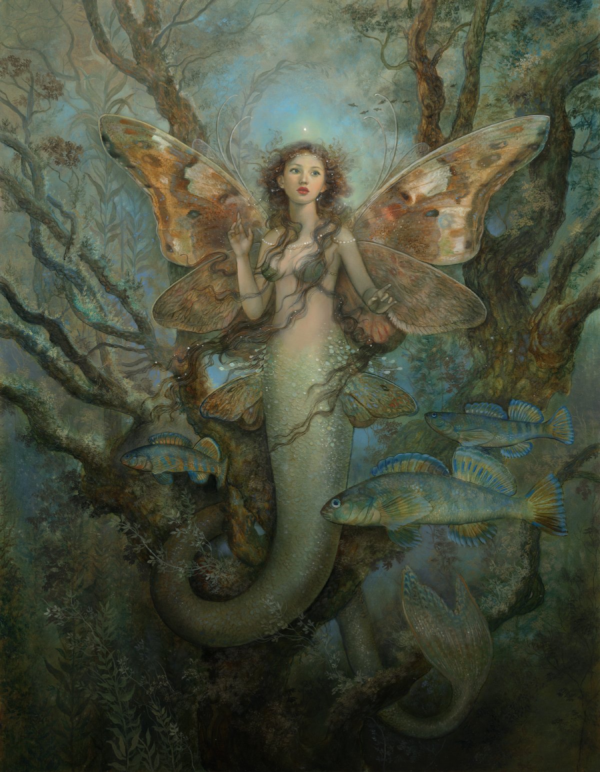 the painting depicts a mermaid with large, brown mothlike wings perched on a tree branch in a forest. she has long flowing brown hair, fair skin, and a look of wonder on her face.  she is adorned with pearls and surrounded by small, blue fish. the overall atmosphere is mystical and enchanting. the color palette is muted and earthy, with soft lighting that creates an ethereal mood.
