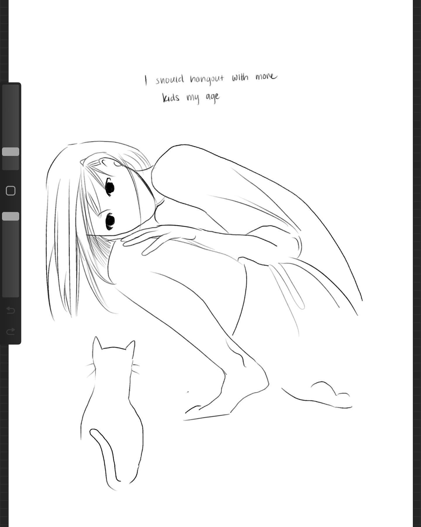 a black and white sketch shows a young woman lying down, her body curved inward, with a contemplative expression. the text "i should hang out with more kids my age" floats above her head. a small cat sits upright in the foreground, seemingly unnoticed by the woman. the simple line art style and soft lighting contribute to the overall mood of loneliness and introspection.
