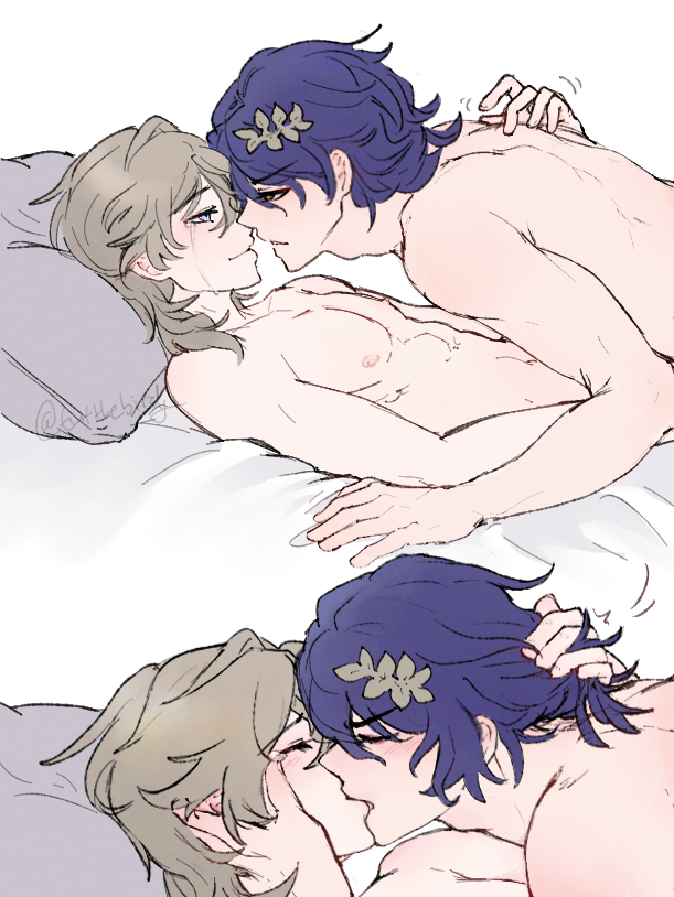 the image is a piece of fanart depicting two shirtless young men in an intimate setting. the style is reminiscent of anime or manga, with soft lines and pastel coloring.  the top panel shows the two men lying in bed, close together, one with purple hair adorned with a leaflike accessory and the other with light brown hair. the man with purple hair is positioned on top, his arm gently around the other. the bottom panel shows a closeup of the couple kissing. the overall mood is romantic and sensual, suggesting a close and affectionate relationship. the setting and the hair ornaments suggest a possible mythological or historical inspiration.