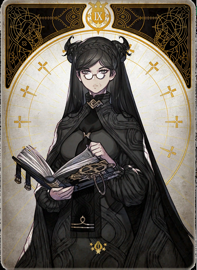 centered on a tarot card reminiscent of the hermit, a young woman stands holding an ornately detailed, open book. her severe expression is emphasized by her dark clothing, pale skin, and darkrimmed glasses. the background of the card features a circular design and celestial motifs in gold against a dark backdrop.