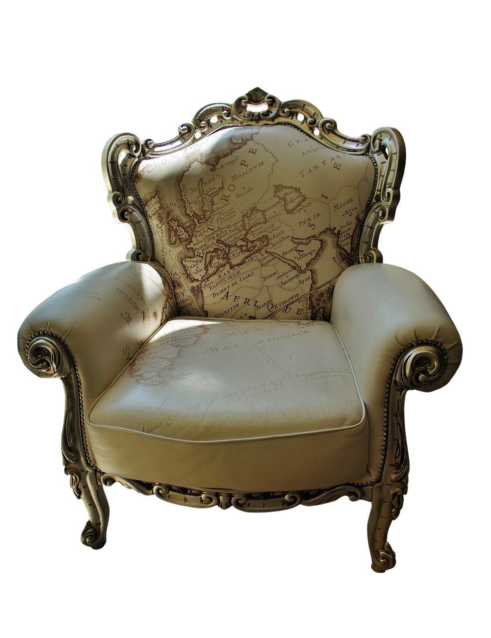 an ornate, vintagestyle armchair is centered against a black background. the chair has a creamcolored leather seat and back, with a decorative map print on the backrest and seat. the frame is intricately designed and appears to be gold or silver, adding to the antique and luxurious feel of the furniture.