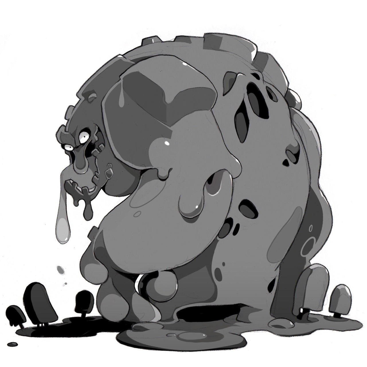 a grayscale drawing of a large, hulking monster made of stone and goo.  it has a wide stance and drips slime onto the ground below it.  small, stone figures surround its feet in the puddles. the lighting is soft with no hard shadows.