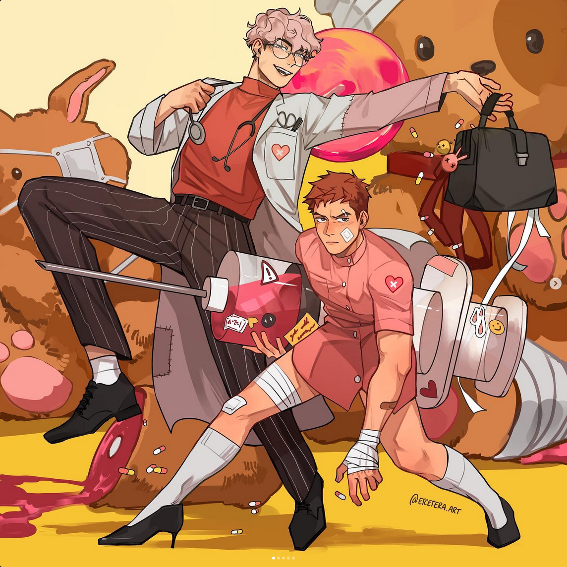 two men, dressed in playful takes on medical uniforms (one a doctor, the other a nurse), pose dynamically amidst a jumble of giant, injured teddy bears, medical supplies, and candy.  the scene is bright and colorful, with a slightly chaotic energy.