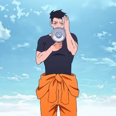 the image features a male anime character set against a vibrant blue sky with fluffy white clouds. he has dark hair, a determined expression, and is wiping sweat from his brow. he's dressed in a black shirt and bright orange overalls, giving the impression of a worker, perhaps a firefighter. he holds a megaphone to his mouth, suggesting he's about to make an announcement or give instructions.