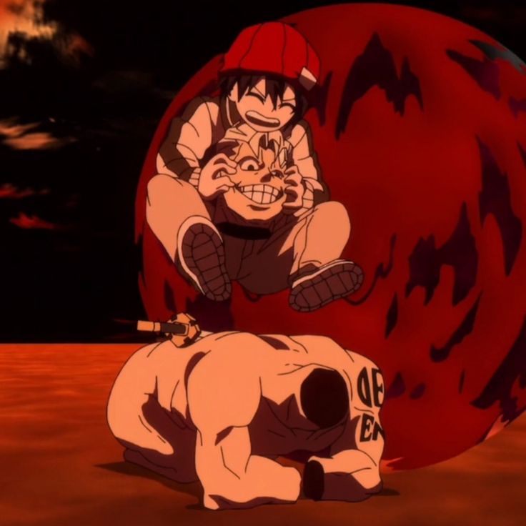 the image showcases a disturbing and violent scene. a young boy with a joyful expression sits atop a grotesquely distorted, headless figure against a backdrop of a bloodred orb. the lower half of the figure, muscular and tattooed, lays defeated on the ground. the scene is drenched in red lighting, creating an ominous and disturbing atmosphere.