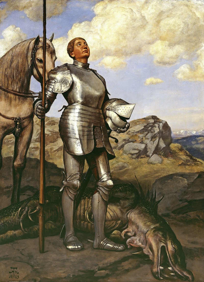the painting depicts saint george, a knight clad in shining armor, standing victorious over a slain dragon. he holds a spear in one hand and his helmet in the other, gazing upwards towards the sky. beside him stands a horse, and the scene is set against a backdrop of a mountainous landscape with a cloudy sky. the style of the painting suggests a vintage or 19thcentury art piece.