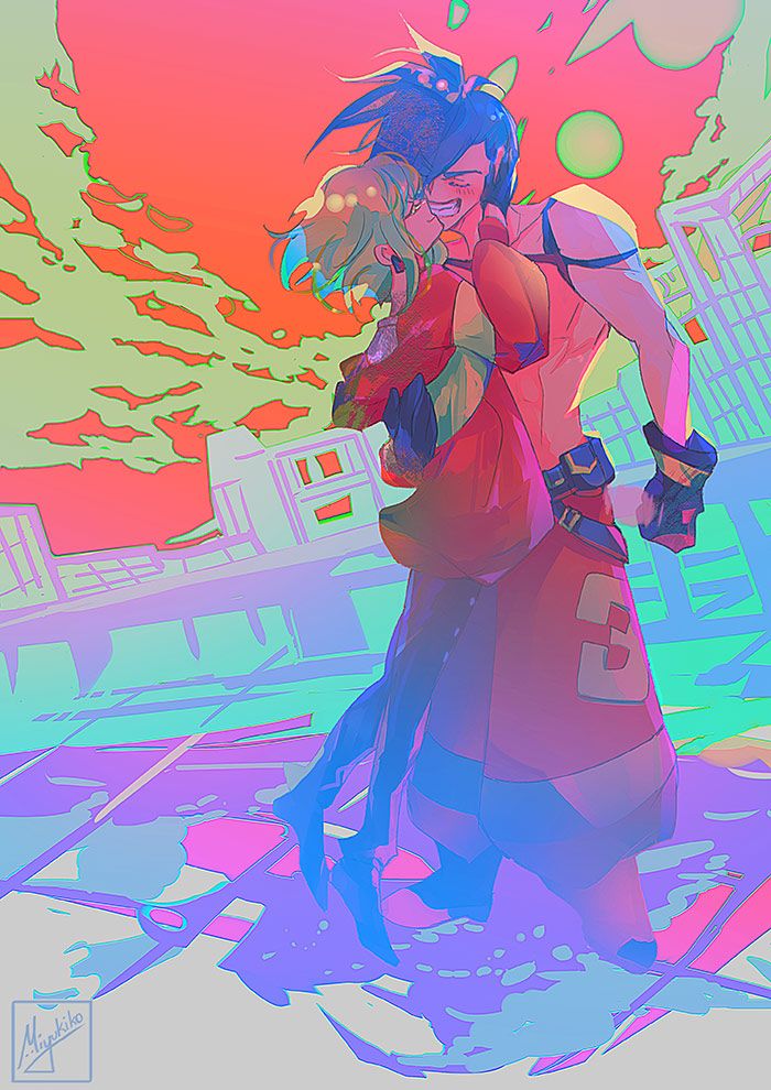 the image is a vibrant digital painting or illustration in an anime/manga style, depicting a romantic scene between two characters. the style is expressive and dynamic, using a bold color palette of pinks, purples, blues, and oranges, creating a neonlike effect. the foreground shows a couple embracing, with one character—a taller figure with dark hair—holding the other—a shorter figure with lighter hair—close. the couple's clothing is stylish and seems to fit a futuristic or cyberpunk setting. their expressions suggest affection or intimacy.the background features a stylized cityscape with abstract buildings and a cloudy sky, adding to the overall energetic and otherworldly atmosphere. the artwork is visually striking due to its use of color, line, and composition.  the artist's signature is visible in the bottom left.