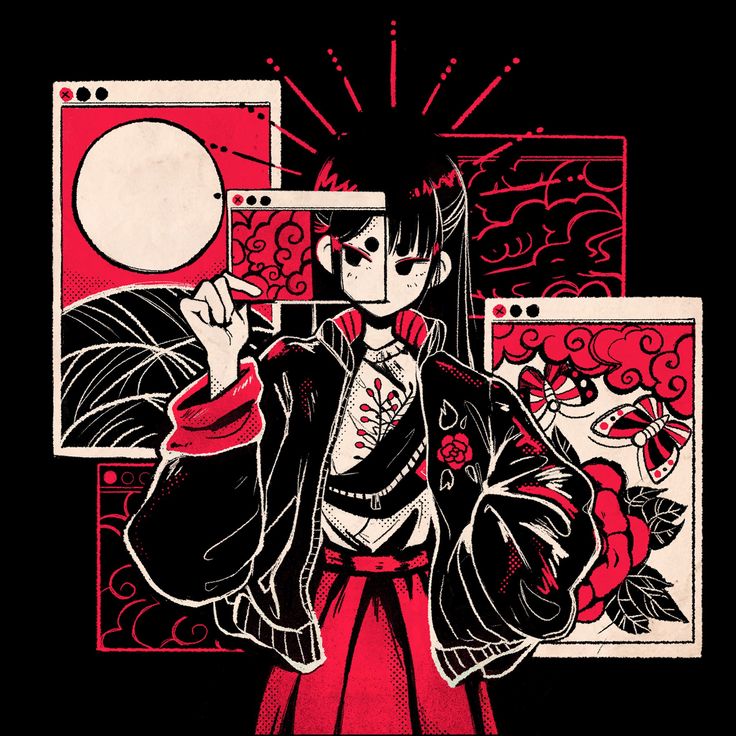 the image is a striking digital illustration of a young animestyle girl. she is depicted wearing a black bomber jacket adorned with red roses and other decorative elements. her outfit is complemented by a red skirt, and she has long dark hair. her face is partially obscured by a digital window displaying a traditional japaneseinspired design which she holds in her hand.  several other digital windows in the background showcase various japanese patterns like clouds, butterflies, and stylized flowers, all rendered in a bold red and black color palette. the overall style is a blend of anime/manga influences with a dark, edgy aesthetic, and hints of streetwear fashion. the digital windows add a modern, computerinterface element which contrasts with the traditional japanese imagery, creating a dynamic and visually engaging composition. the art style leans toward a bold, graphic style with heavy use of black ink lines and contrasting colors.
