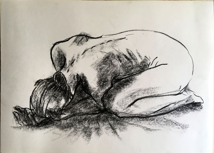 a charcoal drawing of a nude woman kneeling with her head bowed down. the drawing is very expressive and dynamic, capturing the movement of the model's body. the artist has used bold strokes to create a sense of energy and movement. the drawing is done in black and white and is very realistic. it is a beautiful and powerful piece of art.