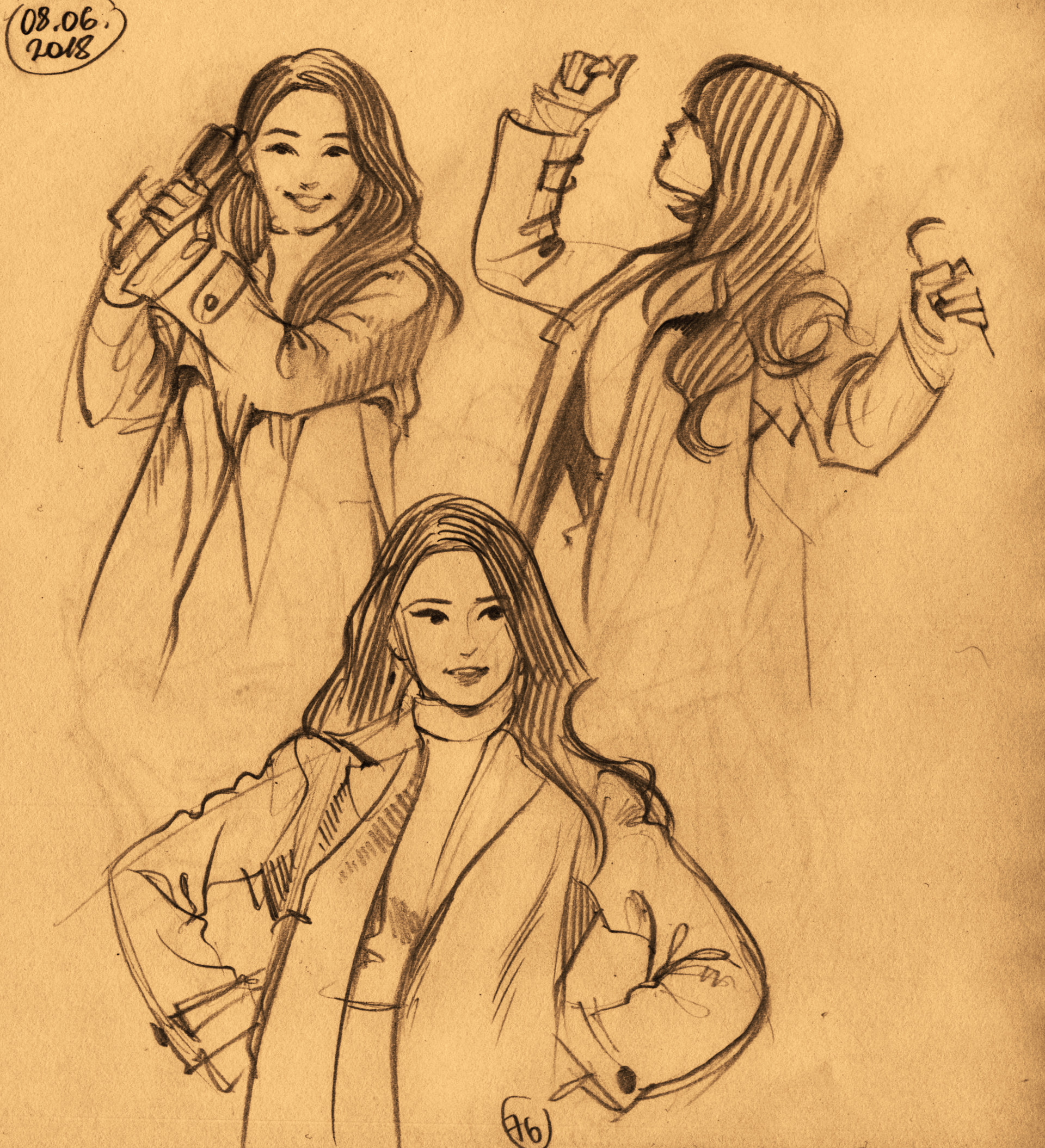 three sketches of a woman striking different poses. the sketches seem to be inspired by live performance photos of a kpop idol. the sketches emphasize gesture and movement.
