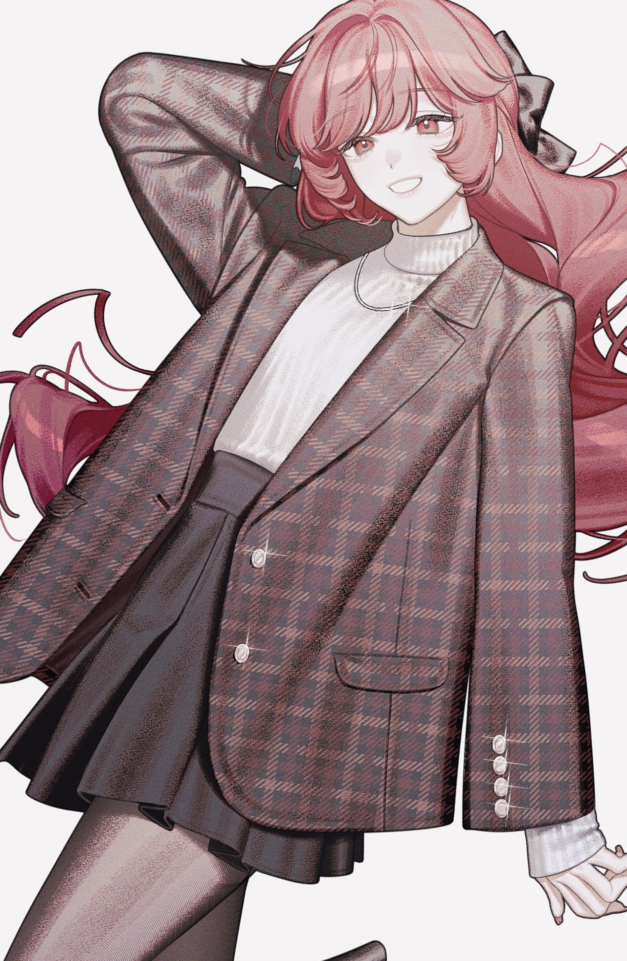 the image is a digital illustration of an animestyle girl with long, flowing red hair. she's wearing a stylish brown and burgundy plaid blazer over a white turtleneck and a black pleated mini skirt.  her pose is relaxed and confident, one hand behind her head.  the overall style is elegant and fashionable. the art style is soft and slightly hazy, emphasizing the character's features and clothing.