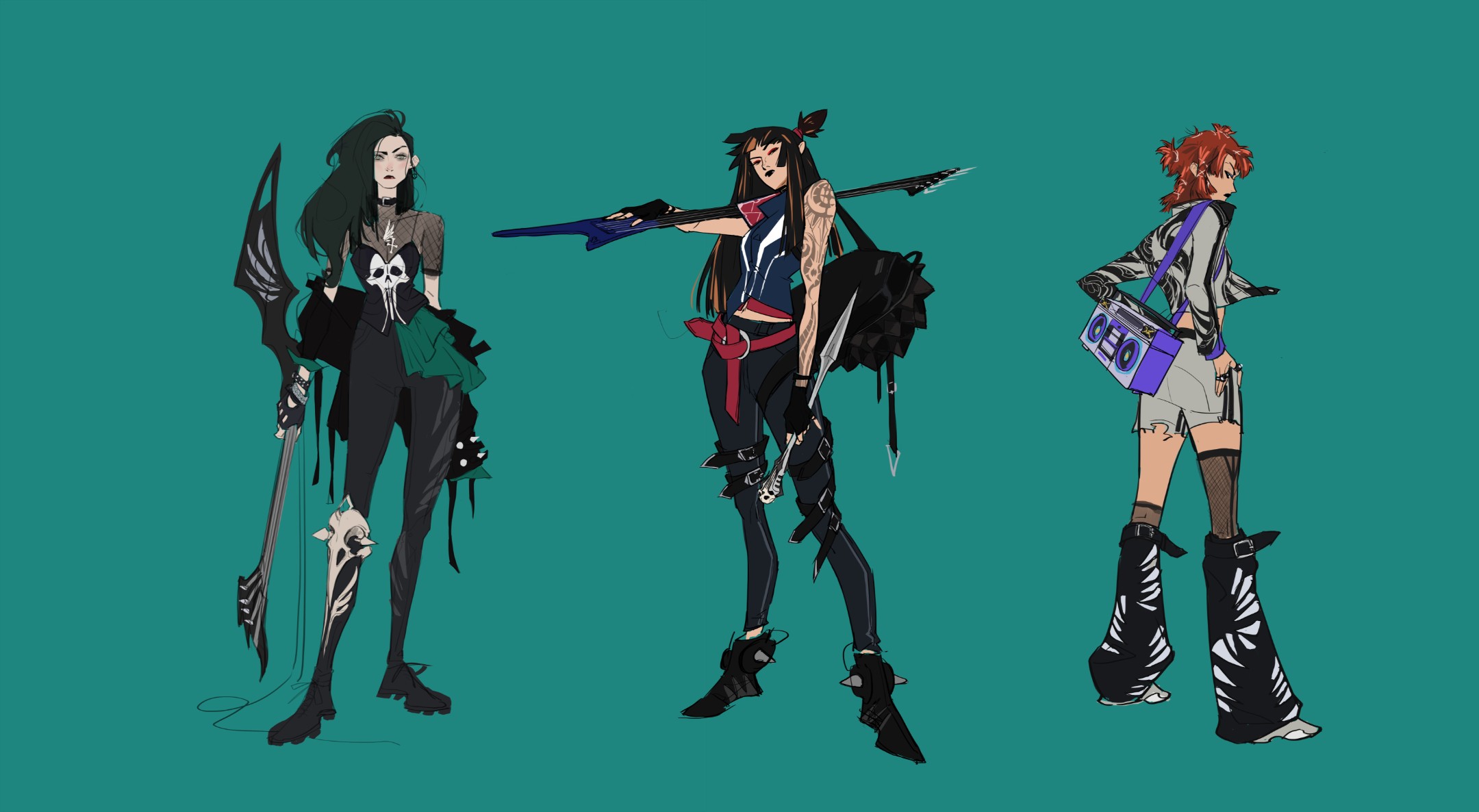 the image features three female characters, each with distinct styles and poses, depicted in a stylized, animeinspired art style. the characters are positioned against a solid green background, enhancing their contrast and visual impact. one character holds a large, futuristiclooking sword, another holds a guitar, and the third holds a boombox. all three characters are dressed in fashionable, edgy clothing that incorporates punk and rock elements, such as leather jackets, ripped jeans, combat boots, and accessories. the characters' expressions range from cool and aloof to confident and rebellious, adding depth to their personalities. the overall mood of the illustration is dynamic and stylish, with a strong emphasis on individual expression and the power of music and fashion.