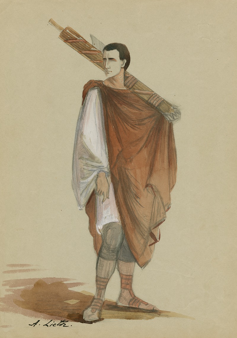 watercolor painting of a roman lictor in traditional attire. the lictor is depicted standing, wearing a white tunic covered by a draped brown toga. he is carrying a fasces, a bundle of rods and an axe, on his shoulder. he is also wearing sandals and possibly leg wrappings. the background is a plain, light color. the painting is signed "a. lictor."