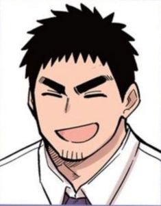 a headshot illustration of an adult man with short black hair, smiling. he is wearing a white collared shirt. the style of the drawing resembles japanese manga.