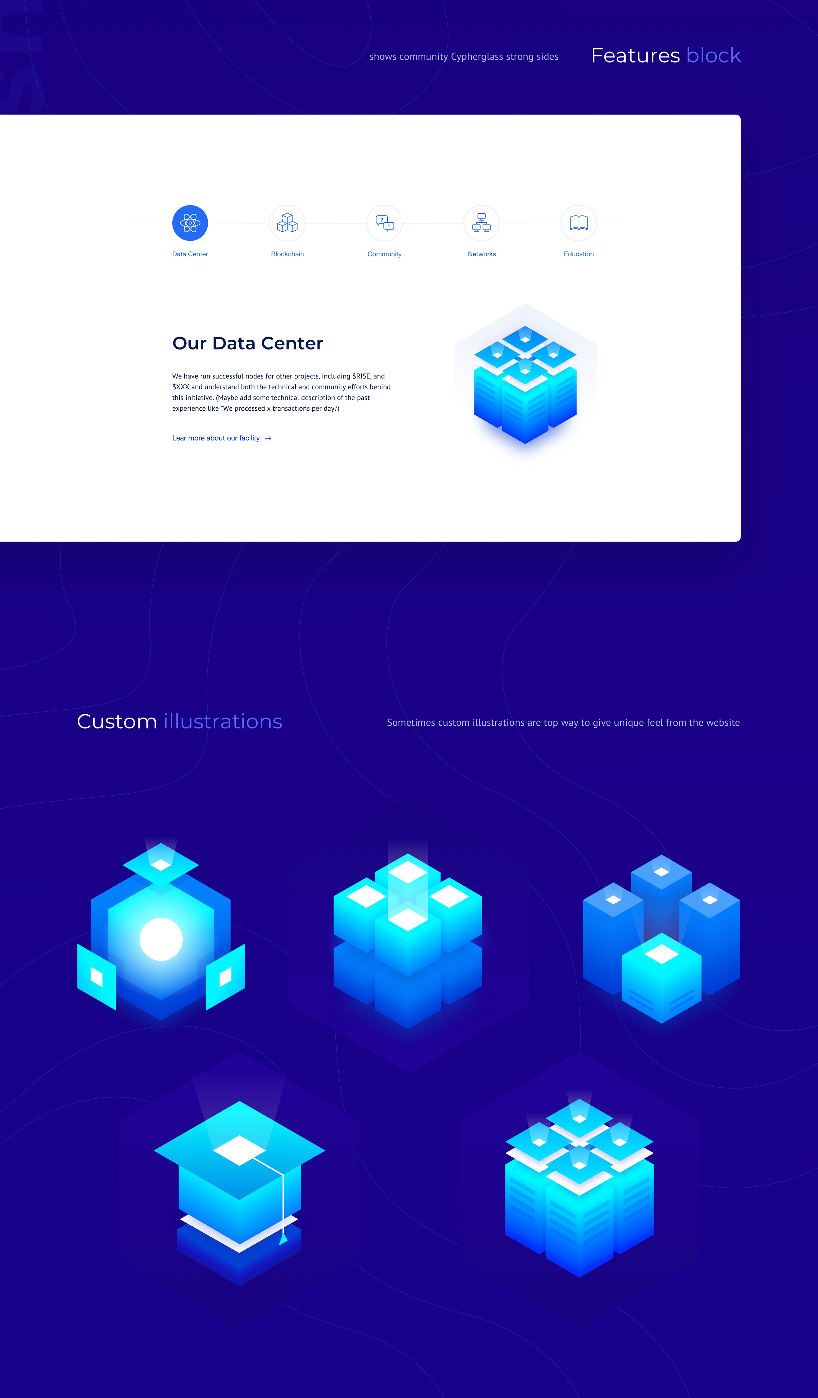 the image is a website mockup with a blue background and blue illustrations. the top of the image shows five icons representing different aspects of a data center. the text "our data center" is in a larger font size and explains what the data center is about. the bottom of the image features four illustrations of data center servers. the text "custom illustrations" is also present and indicates that these illustrations are customizable.