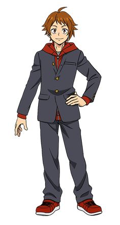 this illustration features a young man with short brown hair and brown eyes. he is dressed in a dark blue school uniform with red accents, including a red hoodie underneath his jacket and red sneakers. he is positioned standing with his right hand on his hip and his left hand slightly raised. the background is a crisp white, suggesting a studio setting and highlighting the character. his casual posture and confident expression create a friendly and approachable vibe.