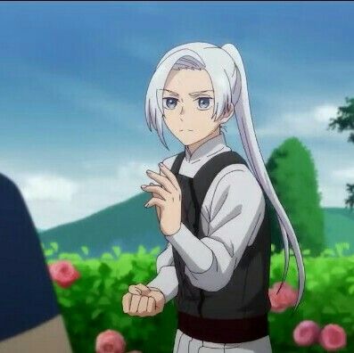 this is an anime character of a girl with long white hair and black eyes. she's wearing a black and white outfit.  she's looking slightly to the left of the frame.
