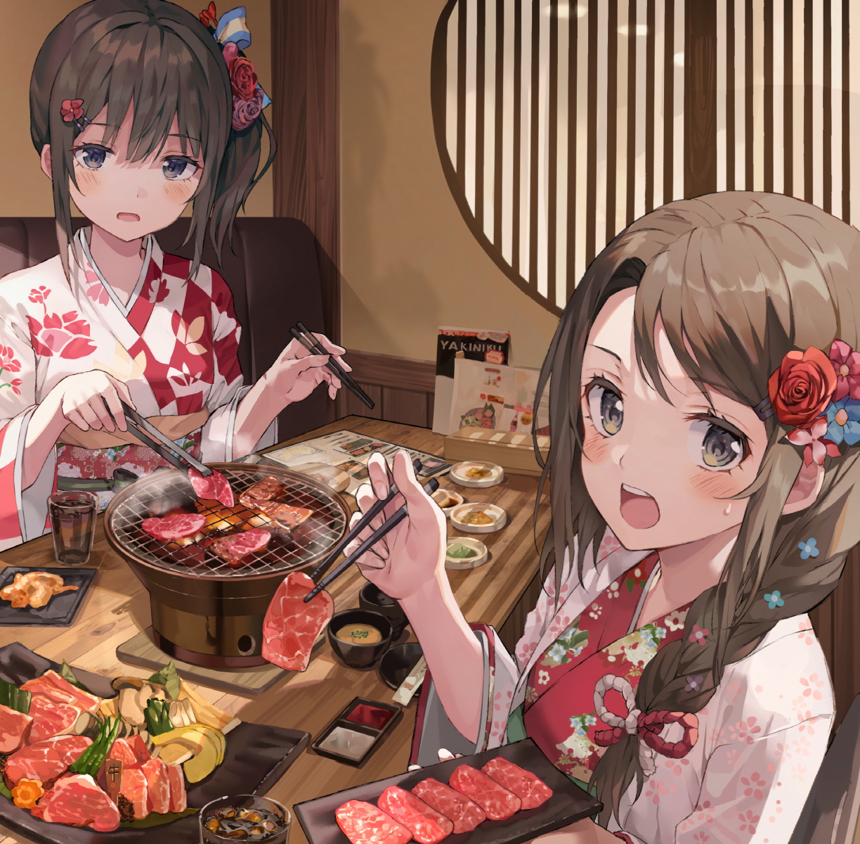 he image is a digital drawing of two anime girls in kimonos sitting at a table in a japanese restaurant. they are enjoying a yakiniku (barbecue) dinner, grilling meat and vegetables on a small grill in the center of the table.  the girls are smiling and appear to be friends. the scene is warm and inviting, with details that suggest a cozy and delicious meal. the artwork is richly detailed and colorful, showing both the girls' expressions and the food with precision.