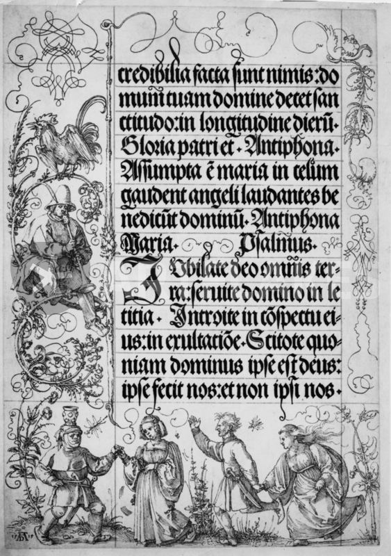 this is a black and white woodcut illustration from a book of hours. it depicts a scene from the bible with several figures engaged in religious activity. the woodcut is surrounded by text in latin, which is likely a psalm or hymn.  the illustration is highly detailed and shows the skill of the woodcutter. the image is likely intended to inspire devotion and reflect the beauty of the church and god.