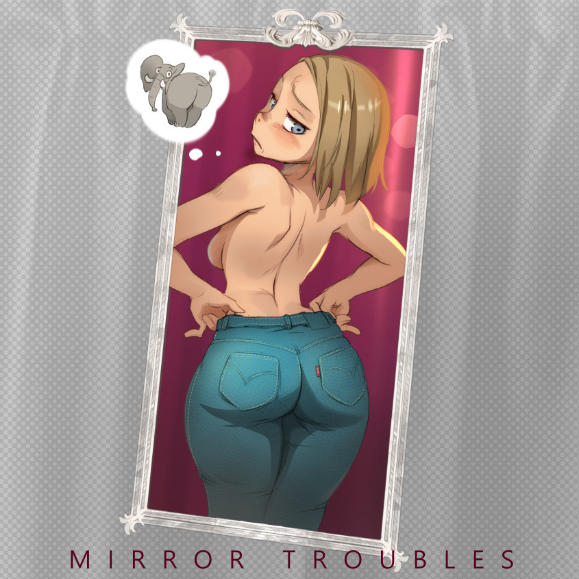 a blonde woman looks at her reflection in a mirror, thinking about an elephant. she's  unhappy with how she looks in the mirror.  the woman appears to be  worried about her body.