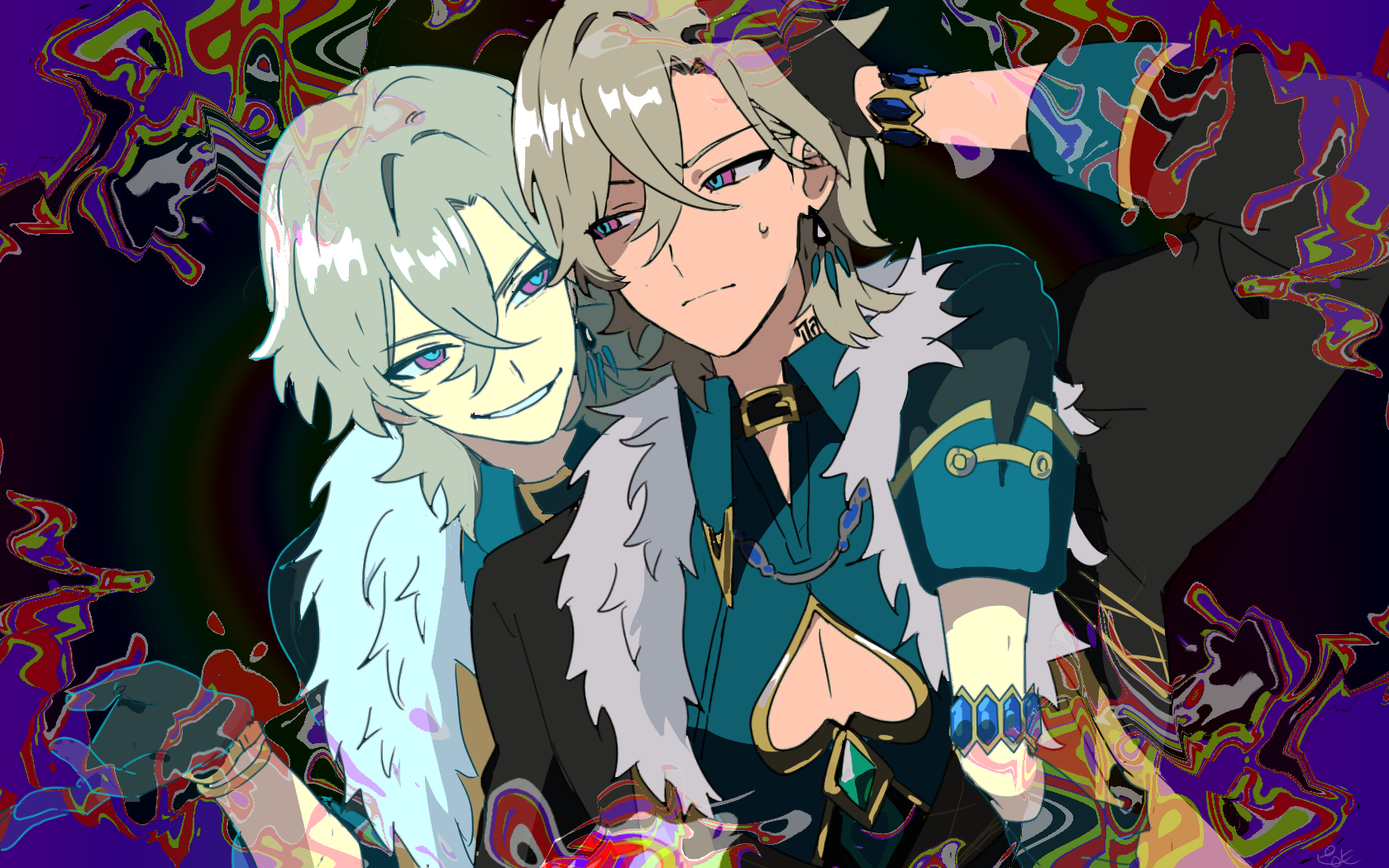 he image is a vibrant and psychedelic fanart depicting two animestyle male characters in a close embrace.  the characters are stylishly dressed; one in a teal and gold outfit with a white fur collar, and the other in a darker, similarcolored outfit. their outfits are detailed with intricate designs and accessories. the background is a swirling, distorted mass of bright, contrasting colors creating a psychedelic and energetic atmosphere.  the characters’ expressions are intense; one smirks playfully while the other has a more serious gaze. the overall style is dynamic and visually striking, suggestive of a manga or anime aesthetic.