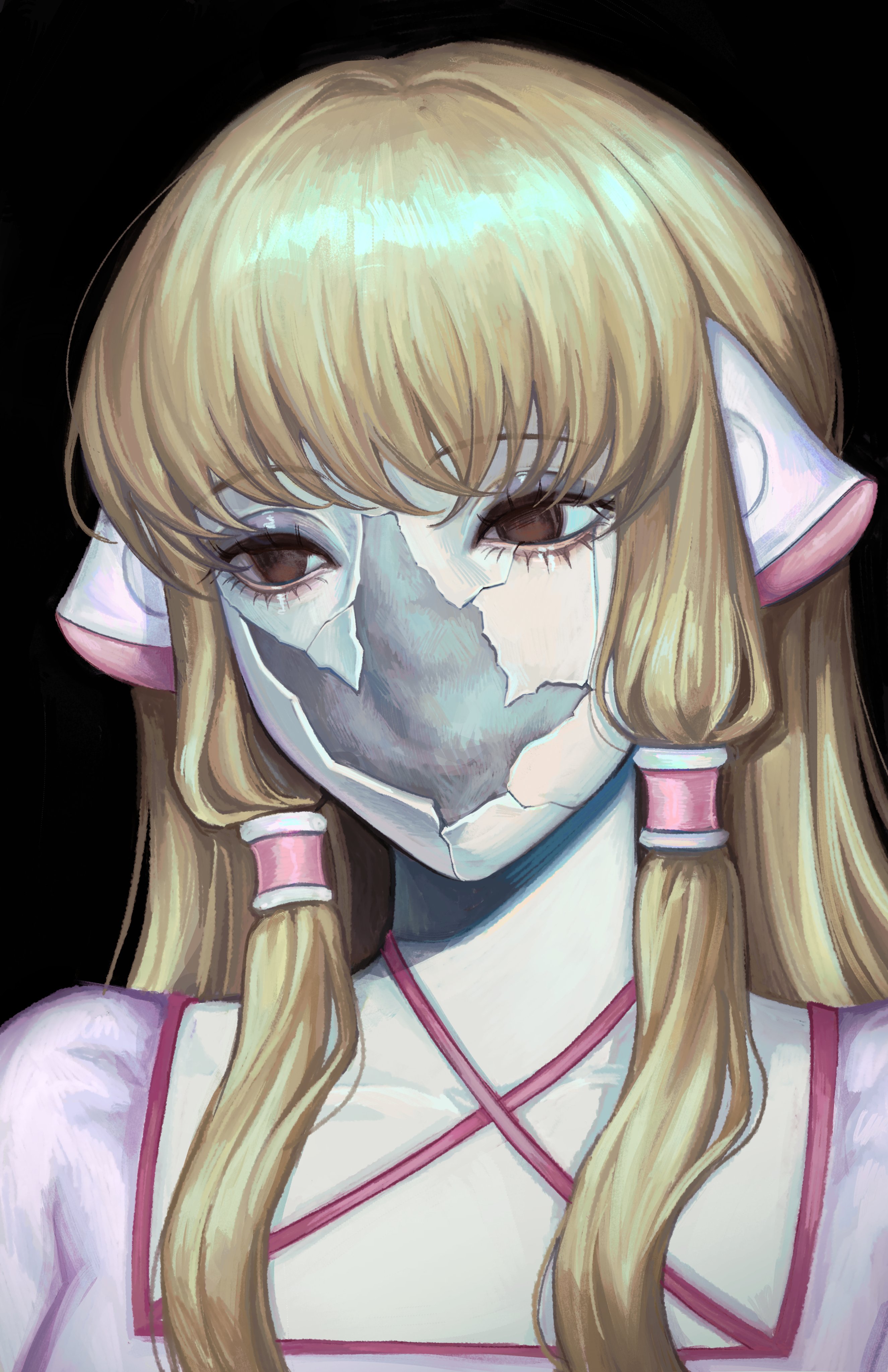 a digital painting of an anime girl with long blonde hair. her face is cracked and broken, and she looks sad. she is wearing a pink dress and has pink bows in her hair. the background is black.