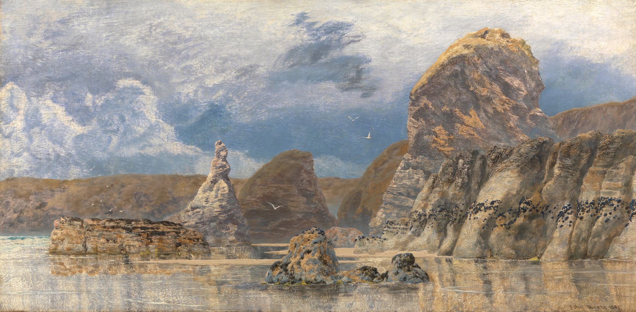 a painting depicting a coastal landscape with various rock formations rising from the sea. the sky is filled with clouds, and several birds are flying in the distance. the rocks display a range of colors, and their reflections can be seen in the water. the painting is signed "john brett 1881" in the bottom right corner.