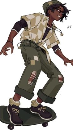 he image is an illustration of a black teenager skateboarding. they are wearing a green beanie, a yellow and white checkered shirt, green cargo pants, and black and white shoes. they have brown skin and black curly hair. the style of the illustration is cartoonlike.
